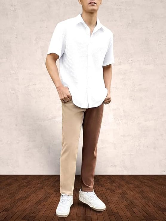 Image of Pinkmint Popcorn Shirt for Men Soild Slim Fit Sleeve Spread Collar Trendy Men Shirt Summer Wear Goa Wear Olive