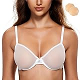 Wingslove Damen Sexy Durchsichtiger BH mit Bügel Büstenhalter ohne Polsterung Spitze Mesh Transparent BH mit Einem Paar Silikon-Nipple Cover (Weiß, 90B)