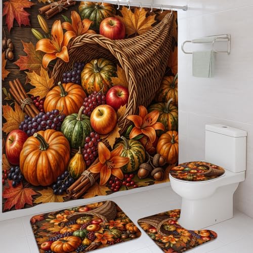 Rideau de douche rustique avec tapis motif citrouille orange