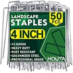 HOUYA 50 Pack Landscape Staples 4 Inch 12 Gauge Garden Stakes Galvanized Garden Staples Pins Anti-Rust Ground Stakes for Weed Barrier, Irrigation Tubing, Yard Lawn, Landscape Fabric