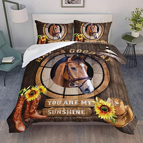 AILONEN Brown Horse Bedding Set Queen Size with Sunflowers Retro Wooden Comforter Set, Cowboy Hat Boots Wild West Style Soft Breathable Duvet Set for Teens Boys Adults 3Pcs, 1 Quilt and 2 Pillowcases