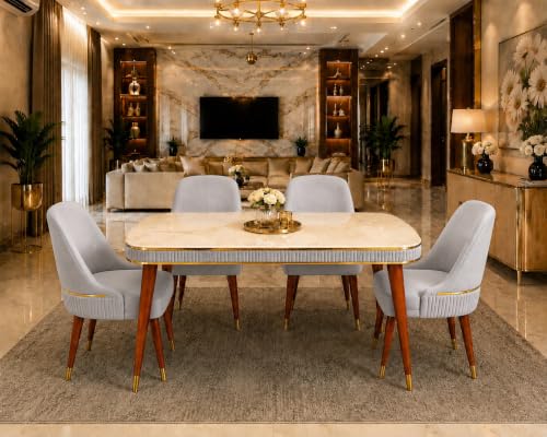 Image of WOODEN SPACE Majestic 4 Seater Wooden Dining Table Set | Urban Marble Top Dining Table with Chairs for Dining Room & Kitchen (Modern Grand Aura Light Grey) (54 x 36 x 30 inch)