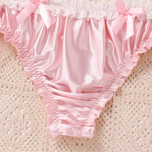 ABAFIP Men's Satin Frilly Lace Trim Sissy Bowknot Thong Panties Elastic Waist G-string Briefs Underwear2