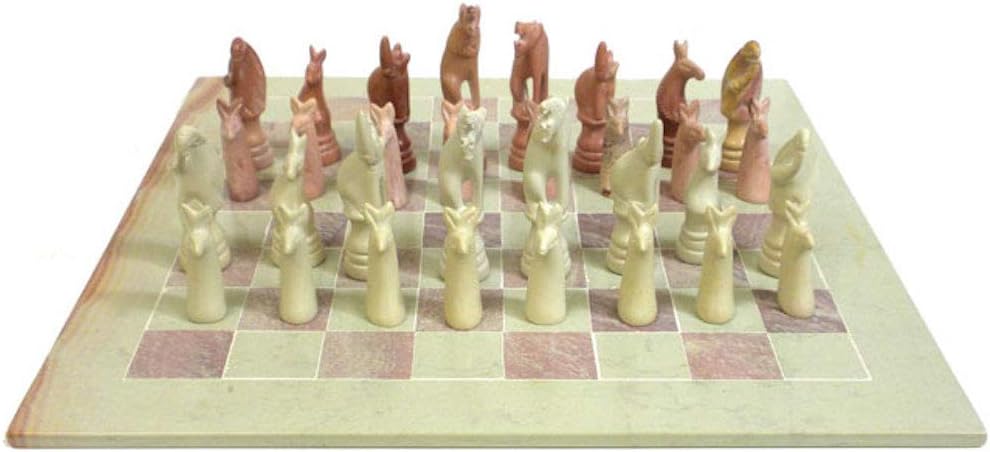Global Crafts Hand-Carved Soapstone 15-inch Board and Animal Chess Set (Kenya)