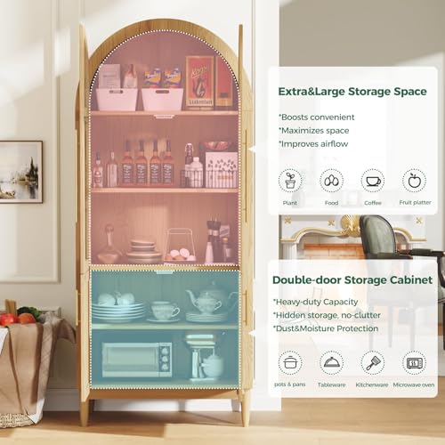 Image of 71 inch Tall Arched Pantry Cabinet with Glass Doors, 5-Tier Modern Kitchen Storage Cabinet, 3 Adjustable Shelves Wooden Pantry Storage Cabinet for Kitchen, Dining Room, Living Room, Oak