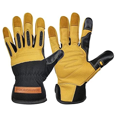 QearSafety 1 pair Cowhide Work Safety Gloves, Gardening, Thorn Resistance, Mechanic Work, Palm Padded, Knuckle TPR Anti-Impact Protect, Screen Touch Fingers, Multi-Purpose (Large) Cover