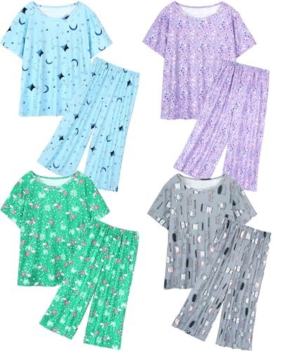 Image of XPUDAC 4-Pack Womens Pajama Sets Short Sleeve Tops with Capri Pants Soft Sleepwear Pjs Set