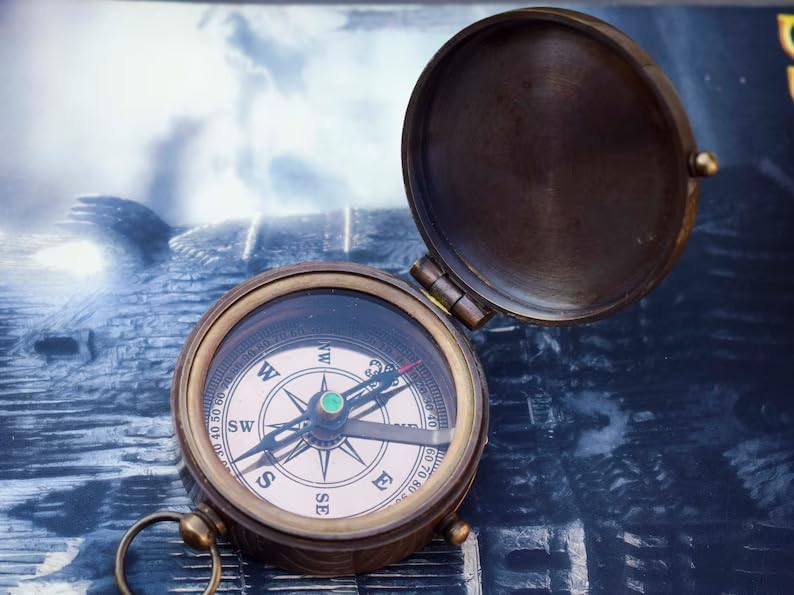 Handmade Vintage Brass Engraved Compass with Leather Carry Case & Chainmail – Nautical Map Reader Glass Magnifying Compass for Navigation and Outdoor Adventures