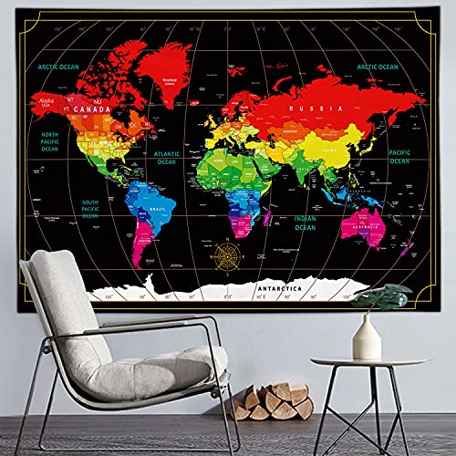 Wandteppich mit Weltkarten-Motiv, bunt, Reisekarte, schwarzer Hintergrund, Heimdekorationen für Wohnzimmer, Schlafzimmer, Wohnheim, Dekoration, HD-Druck, Kunst, Wandteppich (DT, 130 x 149 cm) Cover