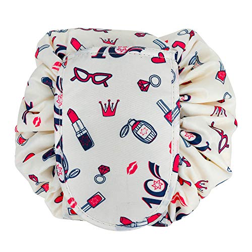 Intirilife Cosmetische tas in CREAM GIRLY MOTIEF – Ronde toilettas met touwtjes voor het aanhalen met 2 ritszakken aan de binnenkant ideaal voor op reis – opslag voor make-up enz.