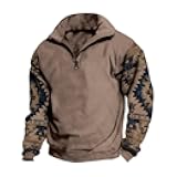 Mens Western Sweatshirts Aztec Henley Shirts Long Sleeve 1/4 Zip Fleece Jacket Cowboy Corduroy Shirt Casual Pullover