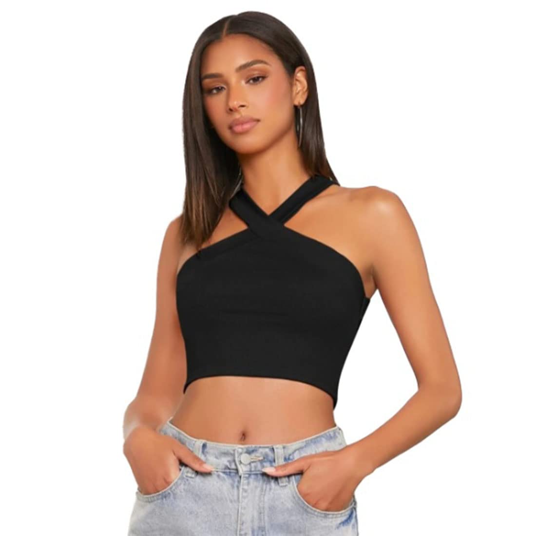 GLARE & BLAIR Women Sleeveless Ribbed Crisscross Casual Stylish Halter Neck Crop Tank Top for Women-picture-36