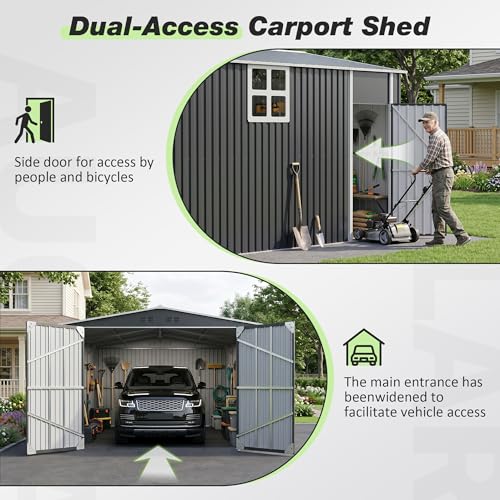 Image of Polar Aurora 12x20 FT Outdoor Storage Shed Black | Large Garden Shed, 2 Windows & Lockable Doors, Garage Car Shelter with Side Door & Air Vents, For Backyard Garden Patio Lawn