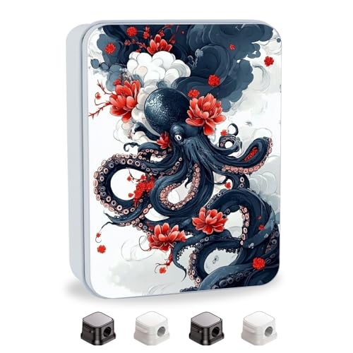 Image of Metal Tin Box with Lid,Multi-functional Storage Large Box Can Store Tea Biscuits Game Cards, Playing & Tarot Cards-Comes with 4 Magnetic Cord Clips,Octopus and Red Flower