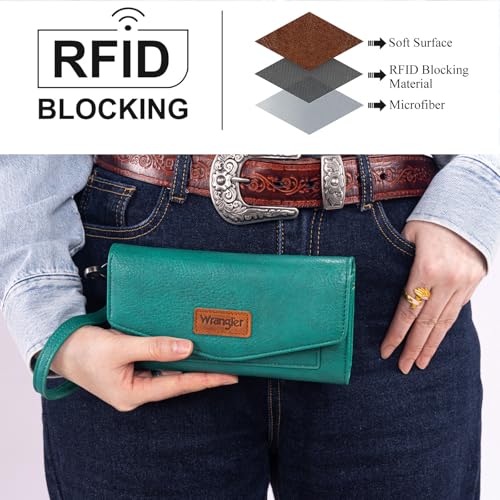 Image of Montana West X Wrangler Wrist Wallets for Women Ladies Female Large Card Cases & Money Organizers Trifold Clutch with Rfid Lining and Wrist Strap Turquoise