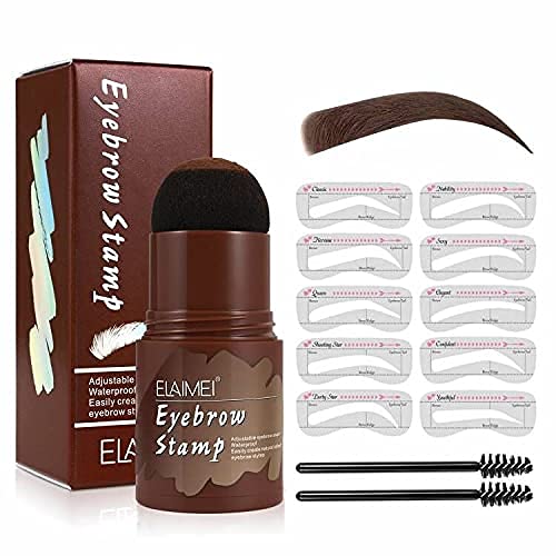 Eyebrow Stamp Stencil Kit,Eyebrow Stamp Waterproof,Brow Stamp Shaping Kit Eyebrow Definer, Eyebrow Makeup Tools with 10 Reusable Eyebrow Stencils and 2 Eyebrow Pen Brush (Dark Brown)