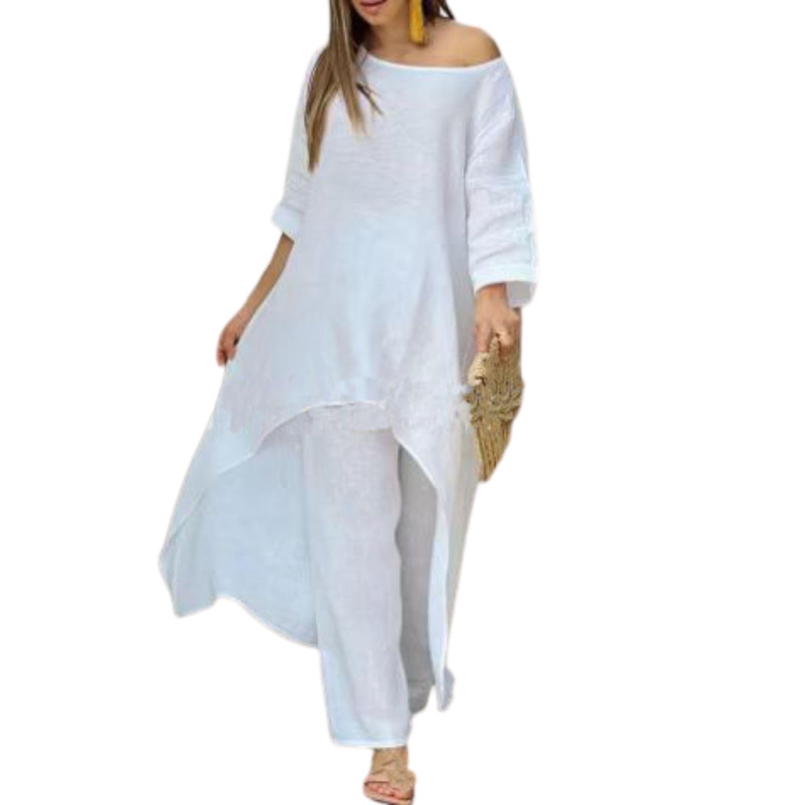 Women Linen Set - 2 Piece Linen Outfits with 3/4 Sleeve Dress & Wide Leg Pants