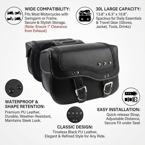 Alforjas para motocicleta 30L de cuero PU impermeable, maletas laterales universales para montar en basculante o portaequipajes, instalación con cuerda ajustable, amplio almacenamiento miniatura 2