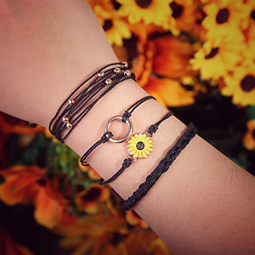 Image of Stackable Sunflower String Bracelets Cute Boho Braided Summer Beach Jewelry