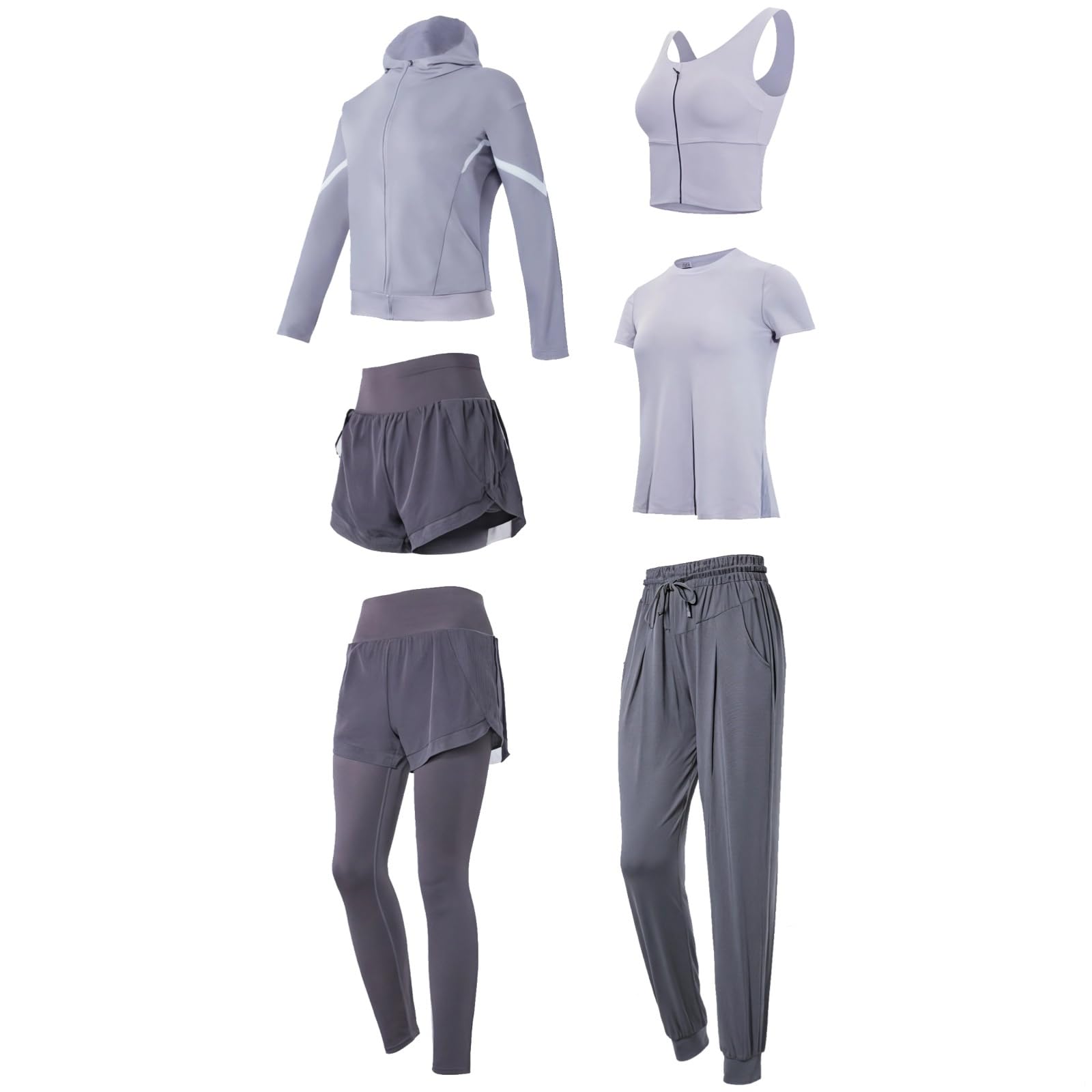 Purple - Conjunto de ropa deportiva de 6 piezas para mujer, sudadera con capucha, camiseta, camiseta sin mangas, leggings, pantalones cortos, pantalones, tela elástica transpirable en tallas S a XXL