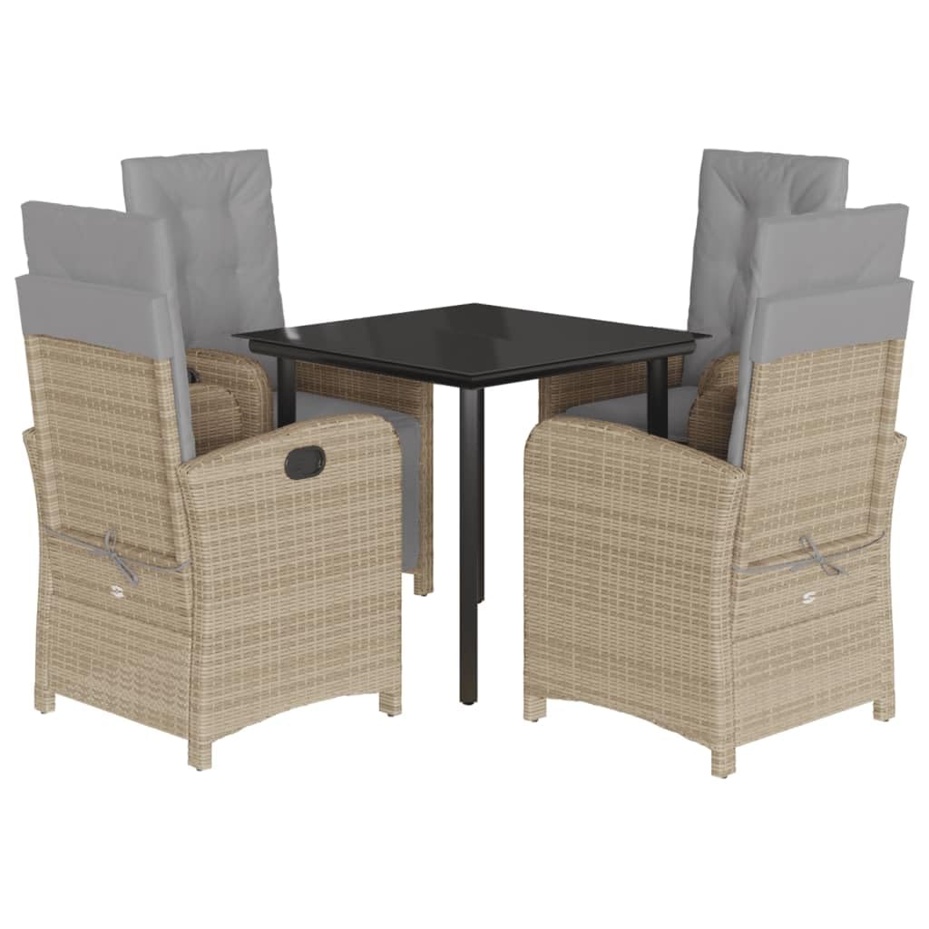 Hothingwell - Conjunto de jardín (5 piezas, ratán beige, mesa de vidrio templado) | Respaldo ajustable, cojines de goma extraíbles, lavable, resina trenzada duradera