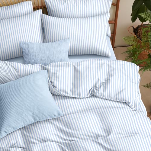 Image of Nayoroom Blue Striped Duvet Cover Full Size White Stripe Duvet Cover Dorm Bedding Set 3 Pieces Soft Lightweight Washed Microfiber Farmhouse Bedding Set Gifts for Women Men