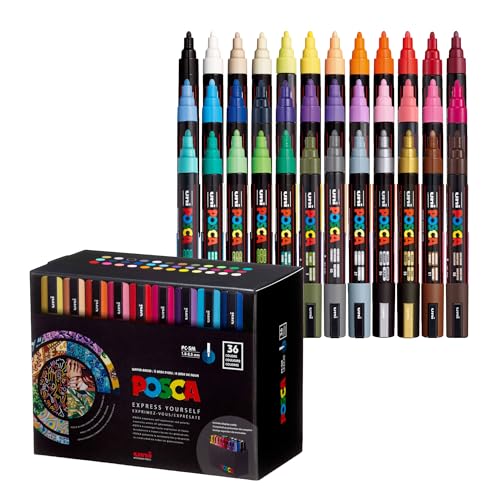 Image of POSCA PC-5M Water-Based Paint Markers, Medium Point (1.8-2.5mm), Assorted Colors, 36 Pack with Display Caddy