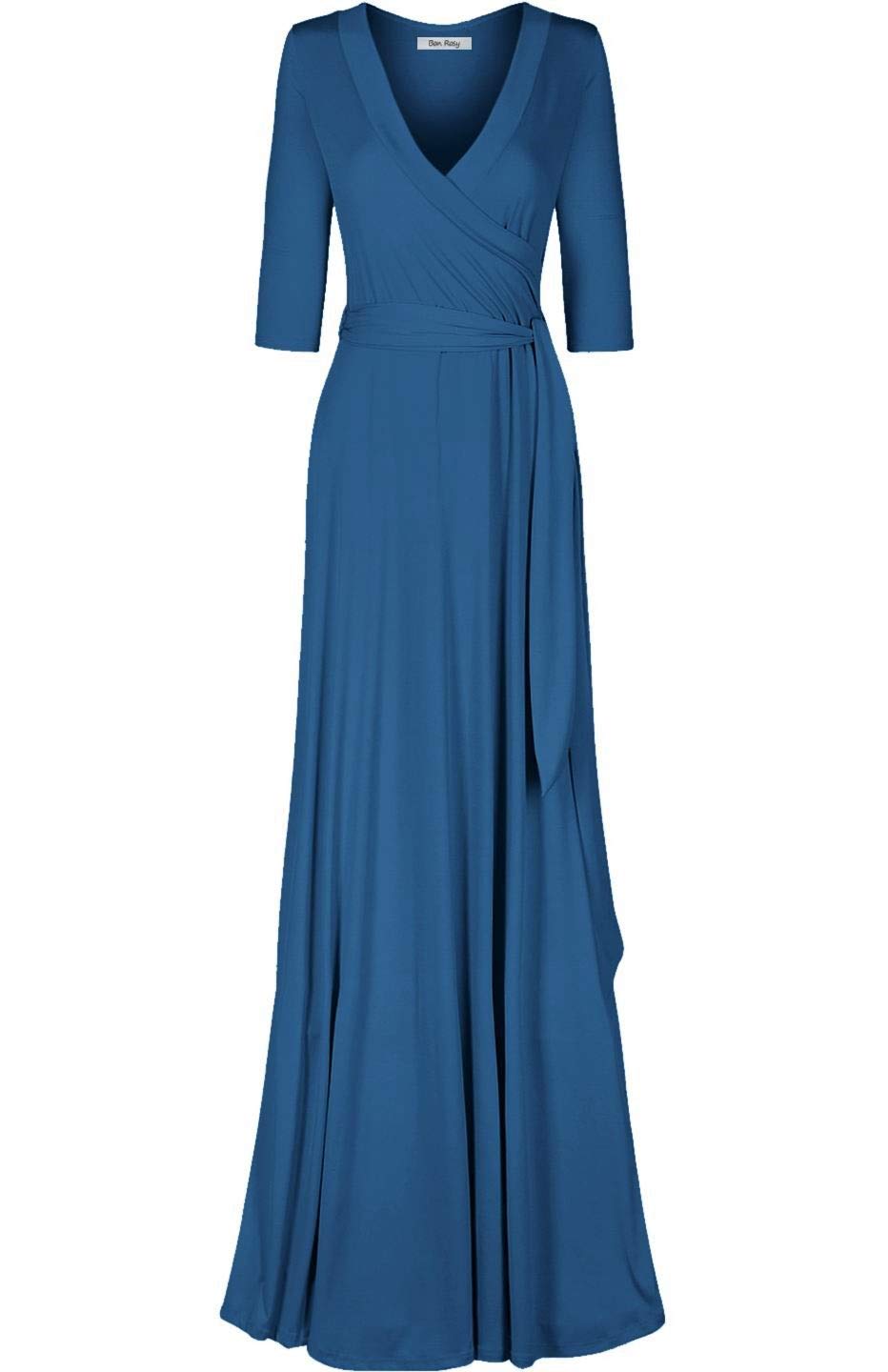 Women's 3/4 Sleeve Deep V-Neck Maxi Faux Wrap Solid Plus Size Dress
