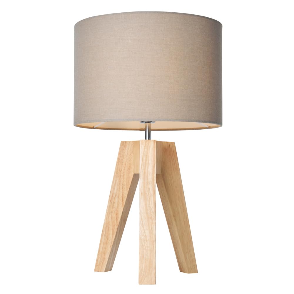 Litecraft Taupe Devlin Table Lamp Wooden Tripod Base With Drum Shade - (Natural, )