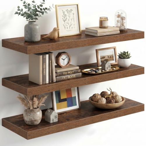 Image of Fun Memories 30 Inch Floating Shelves for Wall, Brown Wood Wall Mounted Shelf with Invisible Bracket, 10 Inch Deep Large Shelves for Living Room Bathroom Bedroom, Set of 3