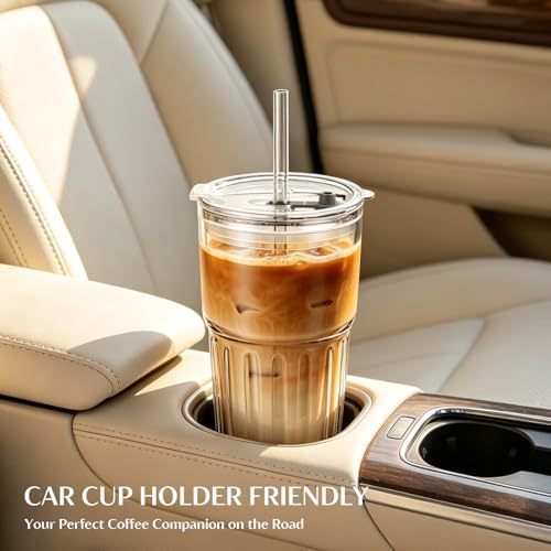 Image of INSETLAN 20oz Clear Glass Cups & Tumbler Set with Lids & Straws - 2-Pack, Reusable Drinking Cups for Iced Coffee, Smoothies, Tea, Juice, Leak-Proof, Spill-Proof, Ideal for Home and Outdoor Use