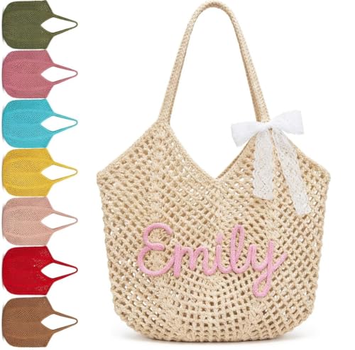 Bolso de playa tejido a mano personalizado VEELU para mujer, bolso tote con nombre personalizado, ligero para viajes y vacaciones de verano