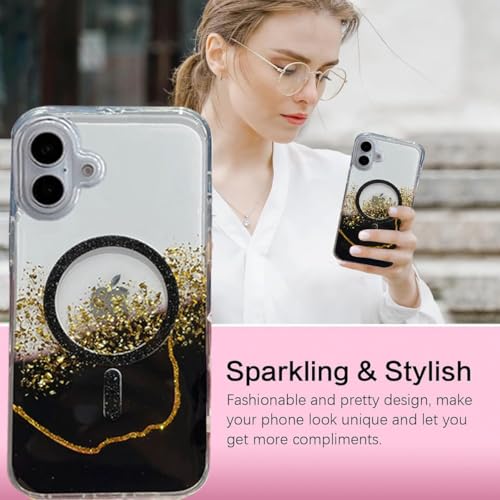 Image of mobistyle Compatible with iPhone 16 | Magentic Glitter Gradian Elegant | Camera Lens Protection Back Cover Case for Women Girls iPhone 16 (Black)