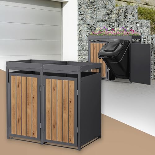 ML-Design Abri Cache 2 Poubelles 132x80x124cm 240L, Anthracite Aspect Bois Claire en Acier, Toit pour Plantes/Fleurs, Porte Clôture, Habillage Conteneur, Protection Visuelle, Résistant aux Intempéries