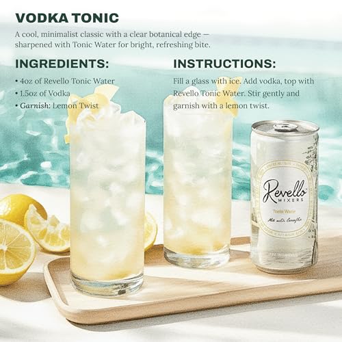 Image of Revello Mixers Tonic Water - Mixer Infused with Electrolytes, Antioxidants, Vitamins & Minerals - Low Sugar & Calories - Premium Beverage for Crafted Cocktails & Mocktails - 8 fl oz (Pack of 4)