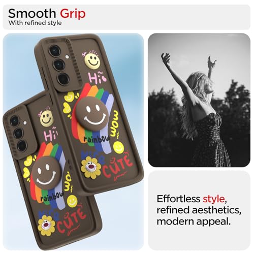 Image of Pikkme Back Cover for Samsung Galaxy A55 5G | Soft Silicone| Cute Rainbow Smile & 3D Cartoon Flower Design | Shockproof Raised Camera Protection Bumper Case (Brown)