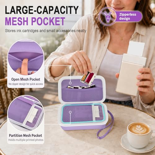 Image of casmilee Photo Printer Carrying Case for Liene Pearl N200 Pro, Lightweight Wireless Storage Bag with Soft Lining & Elastic Straps for Paper and Ink (Purple)
