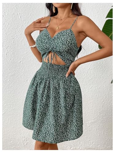 Image of SOLY HUX Women's Summer Floral Print Dress Tie Front Cut Out Shirred A Line Flowy Cami Dresses Vacation Sundress