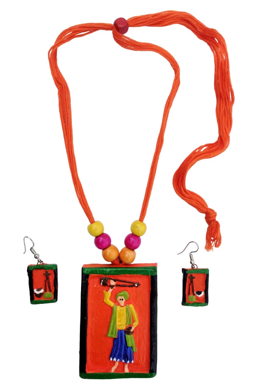 ADRIZAS Traditional Handmade Baul Pendant Terracotta Necklace and Earring Jewellery Set for Women (ORANGE) (B0D8PF9Z5N) Amazon Price History, Amazon Price Tracker