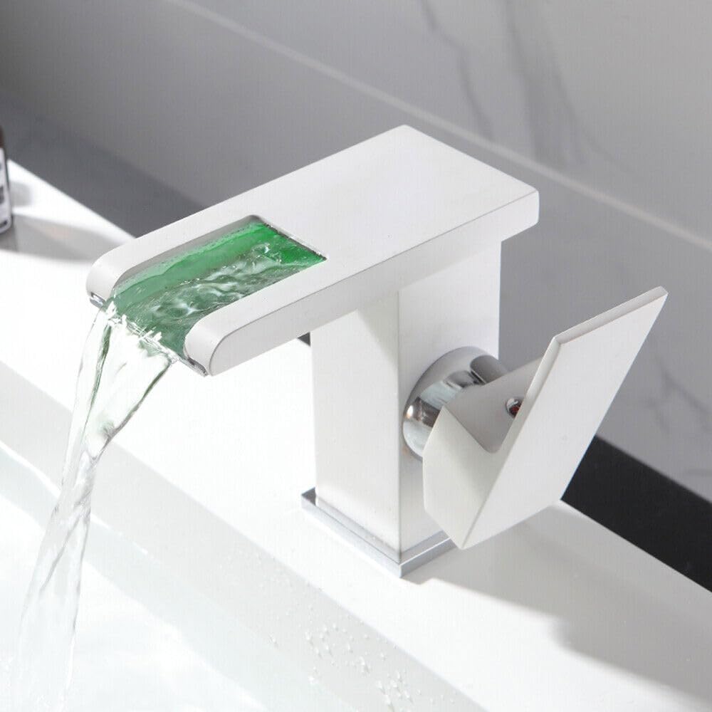 Robinet de salle de bain LED, blanc, robinet cascade avec 2 tuyaux, robinet de lavabo moderne à levier unique pour salle de bain, en laiton, robinet cascade