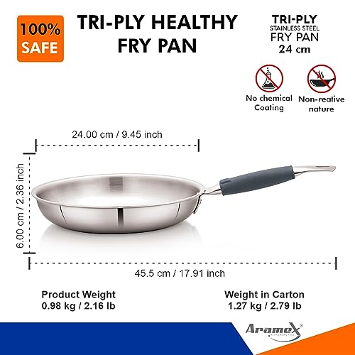 Image of ARAMEX Triply Stainless Steel Fry Pan 24cm with Silicon Grip [Without Lid, 3 Ply - SS430 Stainless Steel, Aluminium, SS304 Stainless Steel, Induction, Heats Evenly, Thick Gauge, Dishwasher Safe]