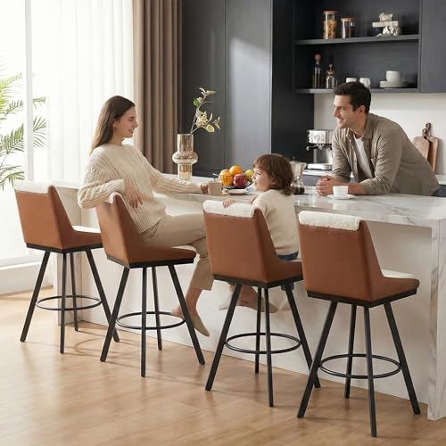 Ollega Bar Stools Set of 4, 26" Counter Height Bar Stools, Upholstered Swivel Barstools with Backs, Loop Yarn Fabric&Pu Leather, Metal Legs for Kitchen Island, Beige&Brown