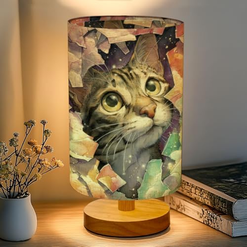 ベッドサイドランプ 間接照明 ファンタジースタイルの大きな目をしたかわいい猫の手描きウォールアート テーブルランプ リネン 木製 円柱型 和風 調光 16色 調色 常夜灯 目に優しい 授乳 洋室旅館 寝室 (電球とリモコン付き)