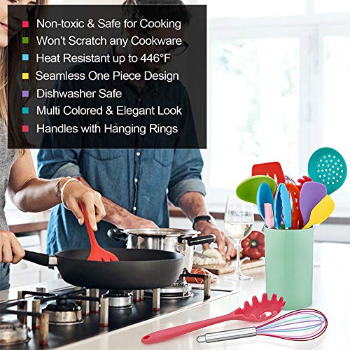 Image of LIANYU 12-Piece Silicone Kitchen Cooking Utensils with Holder, Kitchen Tools Set Include Slotted Spatula Spoon Turner Ladle Tong Whisk, Dishwasher Safe, Multi Colored