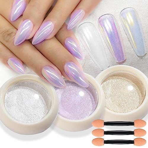 evpct 3Pcs Chrome Nail Powder Kit for Nails Polish White Purple Y...