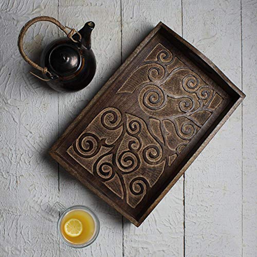 S.B.ARTS Hand Carved Wooden Breakfast Serving Tray-Tree Engraving-Tray for Serving Tea Coffee Snack Dessert-Kitchen Dining ServeWare- Home Decor Accessories-Ideal Gift for Loved One-15.0x10.0 inches
