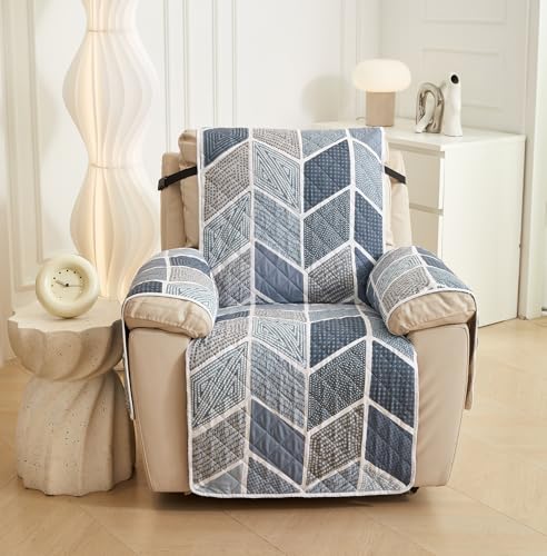 Image of House of Quirk Printed Quilted Recliner Sofa Cover - Water-Repellent & Waterproof, Durable Furniture Protector Mat (Hexa Blue)