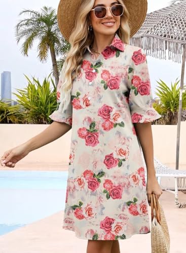 Image of Womens Summer Shirt Mini Dresses 2026 Beach | Flowy Shift Dress, Button V Neck, Polo Collar, Ruffle Short Sleeve, Floral Boho Style, Casual Vacation Outfits with Pockets