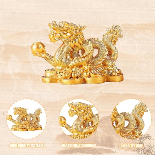 Elionless Chinese Dragon Statue, Feng Shui Dragon Ornament Attract Wealth And Good Luck Home Office Car Ornaments (Gold)