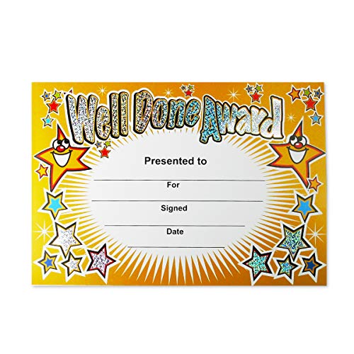 Sparkly 'Well Done Award' Certificados – Paquete de 20 premios A5 personalizados para alumnos – Certificados arcoíris para profesores, escuelas, padres y reconocimiento de comportamiento positivo